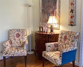 PAIR OF ARMCHAIRS WITH CREWEL, DEMILUNE CABINET, BELL PULL AND ST LOUIS LIBRARY PRINT