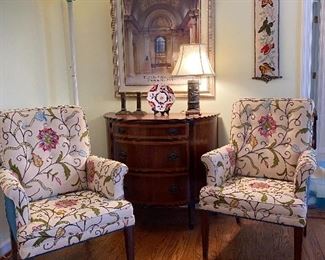 PAIR OF ARMCHAIRS WITH CREWEL, DEMILUNE CABINET, BELL PULL AND ST LOUIS LIBRARY PRINT