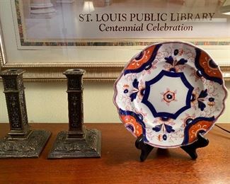 BRONZE CANDLESTICKS AND PORCELAIN PLATTER