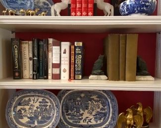 ASSORTED BOOKENDS AND BLUE & WHITE ENGLISH CHINA