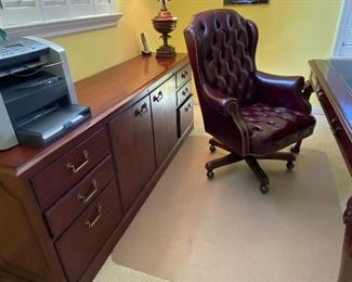 CREDENZA, COPY MACHINES, LEATHER SWIVEL CHAIR
