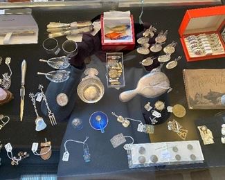 WONDERFUL COLLECTABLES INCLUDING STERLING PLACE CARD HOLDERS, DANISH ENAMELED SILVER, 1904 WORLDS FAIR, BING & GRUNDEL PORCELAIN, INDIAN FETISHES, SMALL GROUP OF NETSUKE, MINIATURE DOLL HOUSE FURNITURE INCLUDING HANDMADE WOODEN PIECES SOME ARTIST SIGNED, NORWEGIAN SILVER, COSTUME JEWELRY AND MORE.