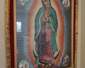 Vintage Our Lady of Guadalupe Print in Custom Gold and Red Velvet Frame