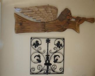 Vintage 4 Foot Long Carved Wood Angel, Wrought Iron Wall Art