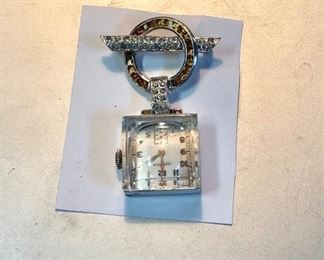 Art Deco, LONVILLE WATCH CO., 7 Jewels, Swiss Made, Vintage Lapel Watch with Amber & Clear Rhinestones, not working