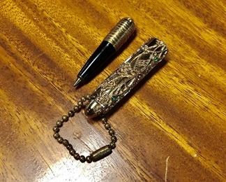 c.1950's, Gorgeous, gold plated, refillable tube ink pen, possibly vermeil, with 6 glass stones, with an ornate filigree design 