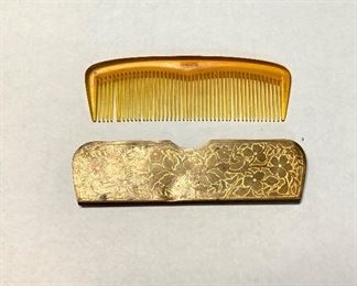 C.1930's, LUMARITH Celluloid Comb, 4.5", in Original Floral Engraved Brass Case