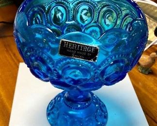 c.1940, L.E. SMITH HERITAGE Cobalt Blue 7" cupped compote, Moon and Stars pattern, with the original sticker.
