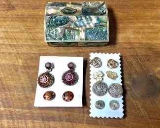 Vintage ABELONE PEARL, Rosewood Lined, Sterling Trinket Box, and some Vintage Costume Pierced Earrings, the small round ones are Cloisonné