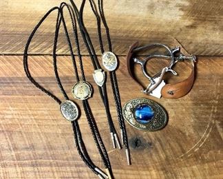 GET YOUR WESTERN ON with these MONTANA SILVERSMITHS Bolo Ties, Vintage Sodalite Smooth Stone Belt Buckle, and a Set of Spurs