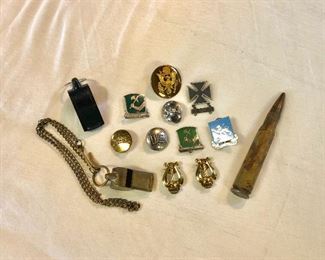 WWII U.S. Army Lapel Buttons, 20mm Bullet, and Other Crests/Shields