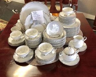 MARLBORO by MIKASA, 12-Place Settings, plus 8 additional extra pieces, Discontinued Pattern #9267, (white with silver trim on scalloped pieces), 80 Pieces Total