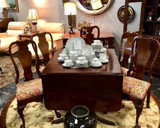 Large Antique Mahogany Table with 2 Dropped Sides and 4 Solid Wooden Chairs newly upholstered