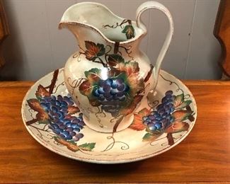 Large Pottery Bowl and Pitcher, Hand Painted