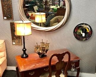 LANE FURNITURE CO. Cherry Desk and Chair, HUGE Silver "Twisted" Framed Mirror