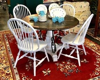 BEAUTIFUL, Solid Wooden Table with Carved Edges and Metal Bottom Detailing on a Large White Pedestal Base and 4 Matching Chairs