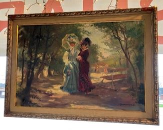 Large, VERY OLD, Signed by Artist, "Two Victorian Ladies in the Park," Oil on Canvas (Width 29" x Height 41")