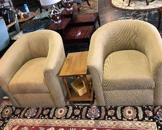 Pair of Two Tan Upholstered Curved Back Chairs