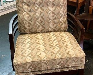 Very Nice, Like NEW, Upholstered Occasional Side Chair with Triple Wooden Arms and Wooden Legs