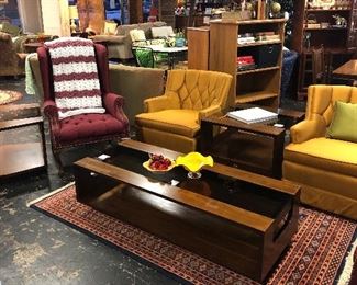 Mid Century Modern, c.1960's, LANE FURNITURE CO, Smoked Glass Top Wooden Coffee Table with 2 End Tables, 2 Burgandy Tufted Wing Back Chairs, and 2 Gold Silk Upholstered 1960's Arm Chairs