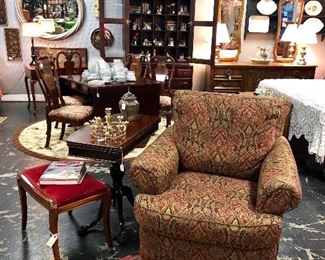 Large Upholstered Chair, Vintage Red Upholstered Stool and a Mahogany Antique Table with Folding Top