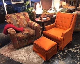 ASHLEY FURN. CO., Swivel Rocker Oversized Chair and and Antique Mahogany Duncan Phyfe Side Table and a 1960's MCM Orange Tufted Back Silk Upholstered Chair with Ottoman