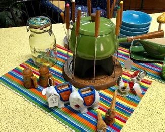 MCM Green Fondue Set, c.1950's Rock City Wooden Salt & Pepper Shakers, and Other Vintage Ceramic Salt & Pepper Shakers