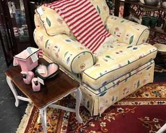 Large Oversized Upholstered Chair and Vintage Restored Side Table and c.1950's, STANFORD ART POTTERY CO., Sebring, OH, Pink and Black Glaze finish. Planter/Vase, Heart-Shaped Ashtray and 2 Horses