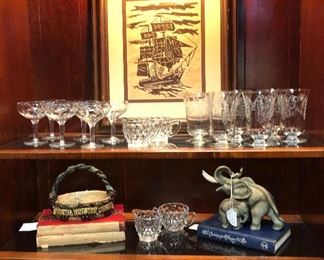 Set of 5 Antique Etched Champagne Flutes and 6 Antique Etched Tea/Water Goblets