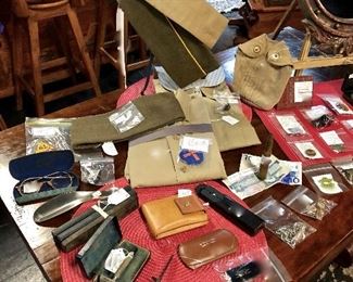 WWII US Army Shirts, Garrison Caps, Vintage Bausch & Lomb 1/10-12K GF Prescription Glasses in Orig Case, Vintage Straight Razors (NOT good condition) BUT they are in their Original Boxes that are collectible, c.1920's Men's Wallets, and old Gillette Razor & Clippers