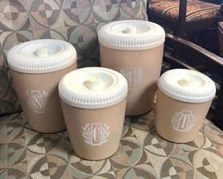 Mid Century Modern, 4-Piece Set of Tan & White Canisters