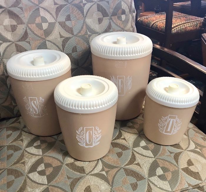 Mid Century Modern, 4-Piece Set of Tan & White Canisters
