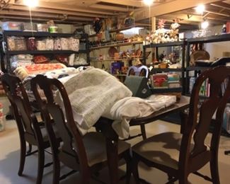 Dining room table and chairs, bedding