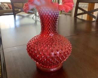 FENTON Vintage Pink & White Milk Glass 10 1/2 inch Tall HOBNAIL Vase w/Scallops 