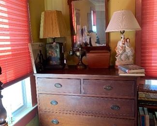 Early Chest of Drawers, Lamps, Mirror