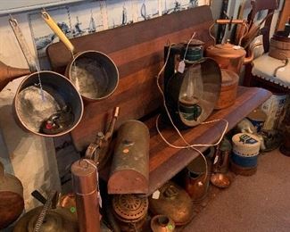 Early School bench, railroad lantern, copper collectibles etc