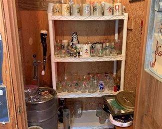 Beer keg, glassware, collectibles, beer ashtrays etc. 