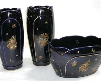 1930s English Sevresstyle cobalt blue ceramic set 2 vases and a bowl