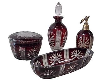 1940s Bohemian Ruby etched cut glass vanity set