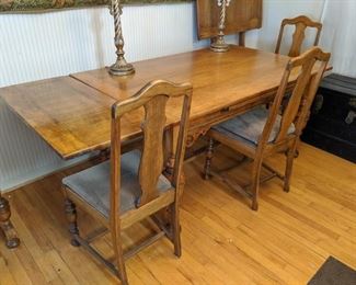 $100 Oak table and extra leaf. Table has self storing leaves, too! Chairs are separate at $10 each