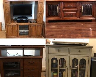 Pictured: four entertainment centers ranging in storage, length, height, and style.