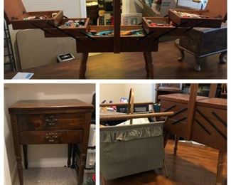 pictured top -- sewing notions box; bottom left -- Kenmore sewing machine in cabinet; bottom right -- closed sewing notions box and fabric basket