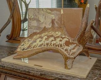 Moose antler carving, titled "The Great American West" and signed CJ '71