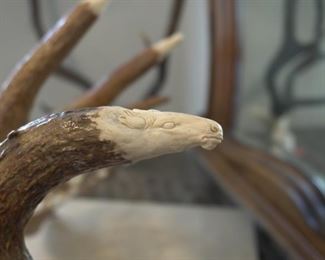 Moose antler carving, titled "The Great American West" and signed CJ '71