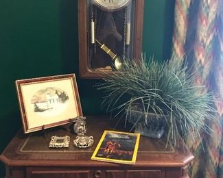 Waltham Clock, Art, Silvertone Frames, Faux Plant, Victorian Writing Desk w/ Leather Inset