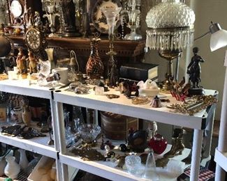 Native American figurines and decor, parlor lamps, candelabras, vintage clocks.