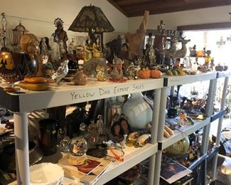 Tiffany-style Native American Lamp, painted gourds, Sculptures, hand-thrown pottery, Brutalist wood sculpture.