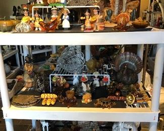 Thanksgiving decor and collectibles; Indian and Pilgram figurines, Salt & Pepper sets, Turkeys, Pumpkins, Corn, etc.