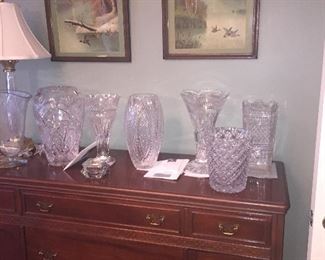 Mid Century Modern side board with Waterford crystal vases