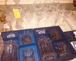 More Waterford including ballon Wine stemware, colored ballon wine stemware, and new in boxes decanters and on the rocks glasses